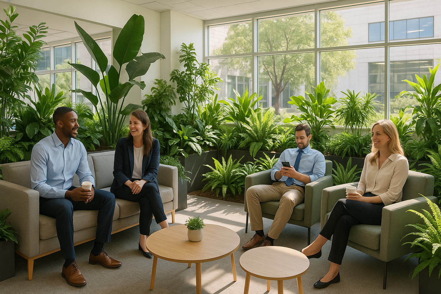 office workers relaxing in a landscaped break area - commercial building landscaping