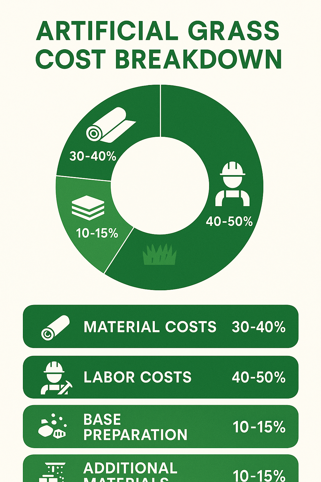 Detailed infographic showing artificial grass cost breakdown with components including material costs (30-40%), labor costs (40-50%), base preparation (10-15%), and additional materials like infill, edging and drainage (10-15%), with notes on factors that may increase costs such as complex shapes, slopes, and accessibility issues - artificial grass estimate cost infographic 