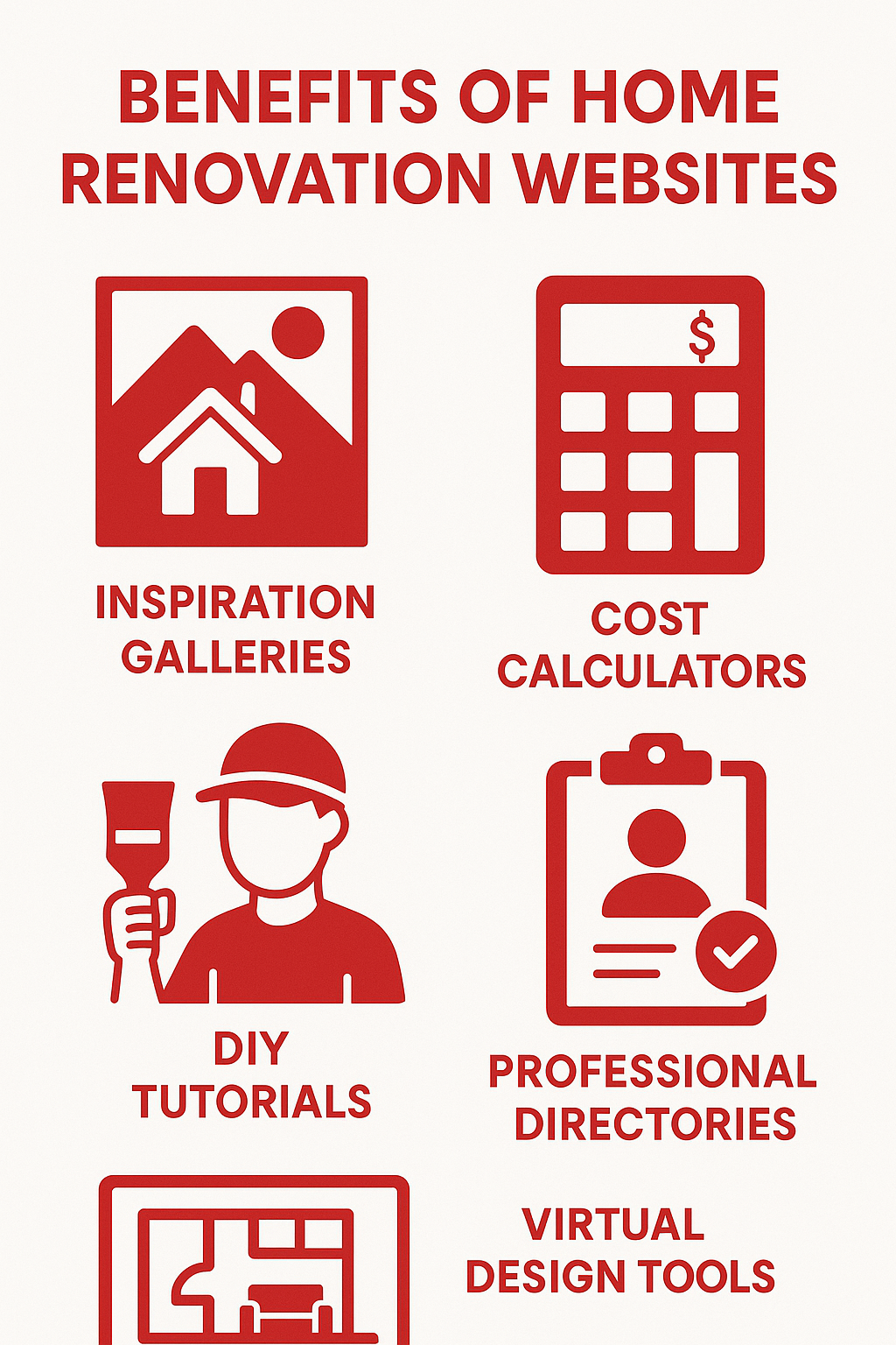 Benefits of home renovation websites showing inspiration galleries, cost calculators, DIY tutorials, professional directories, and virtual design tools with their respective advantages for homeowners planning renovations - home renovation websites infographic