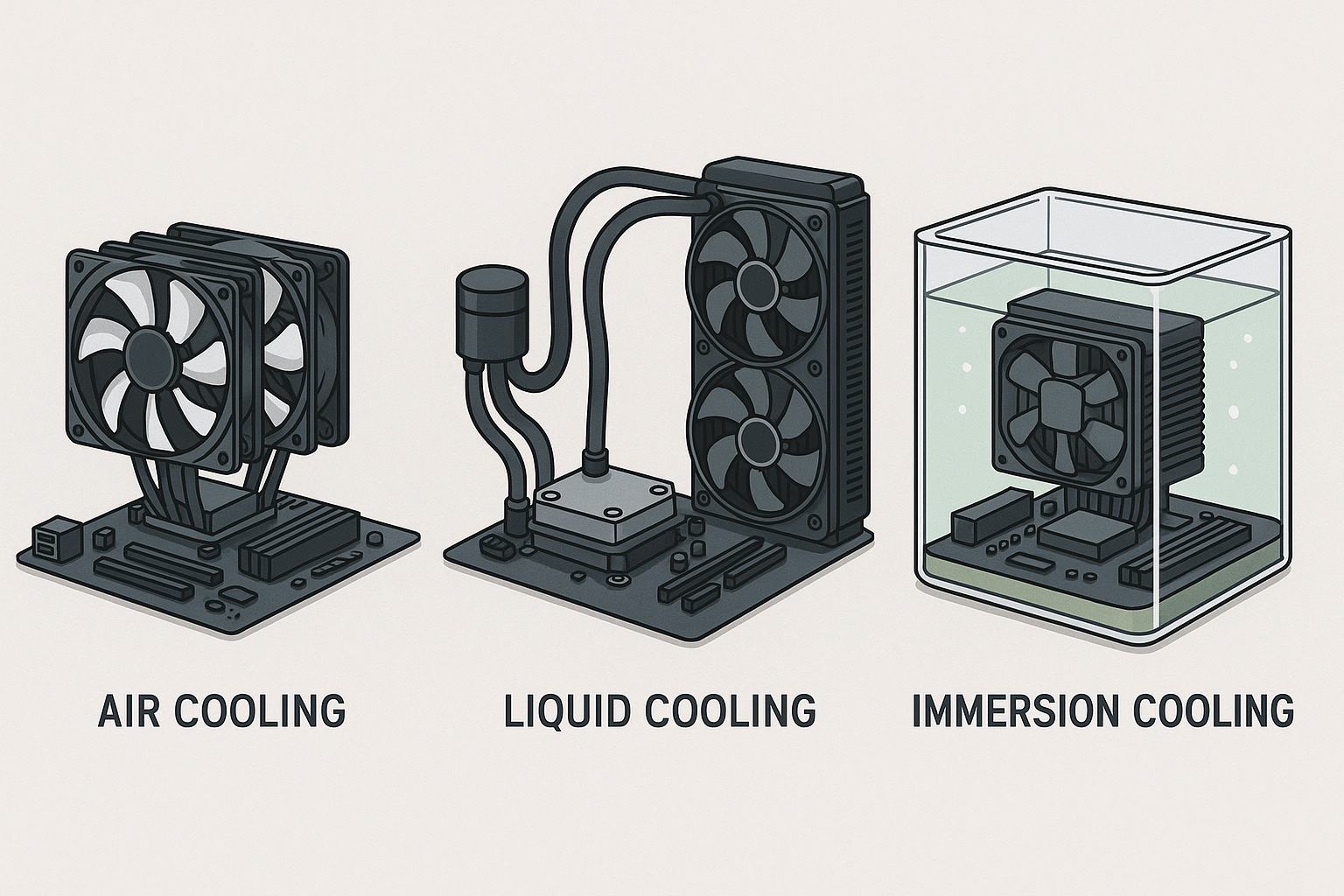 comparison of different cooling systems showing air, liquid, and immersion cooling - advanced cooling solutions