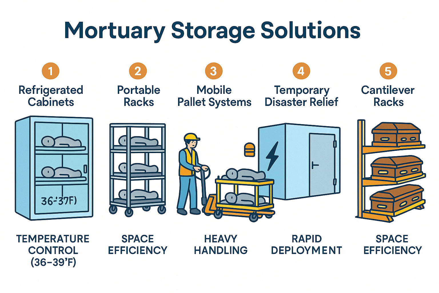 Comprehensive overview of mortuary storage solutions showing refrigerated cabinets, portable racks, mobile pallet systems, temporary disaster relief solutions, and cantilever racking systems with their applications and benefits - Mortuary storage solutions infographic 