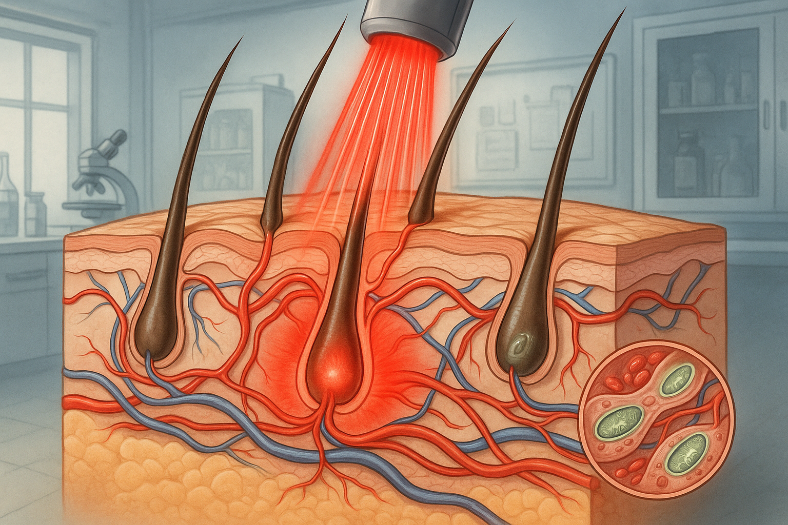 cellular response to LLLT showing increased blood flow to hair follicles - hair loss laser treatment near me