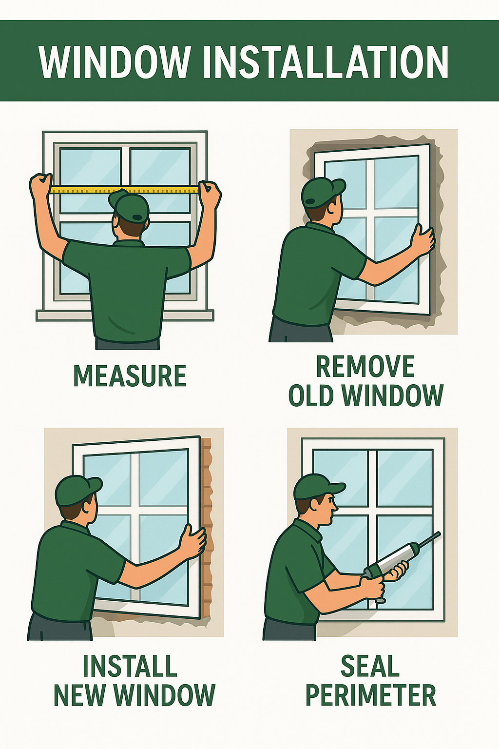 Detailed infographic showing the complete window installation process from removal to final sealing - Energy efficient windows installation infographic