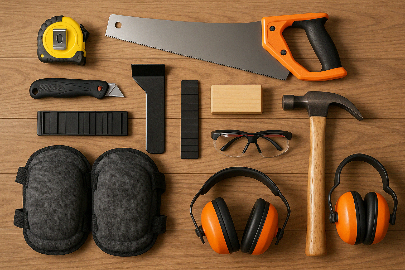 DIY laminate flooring installation tools laid out - Affordable laminate flooring installation