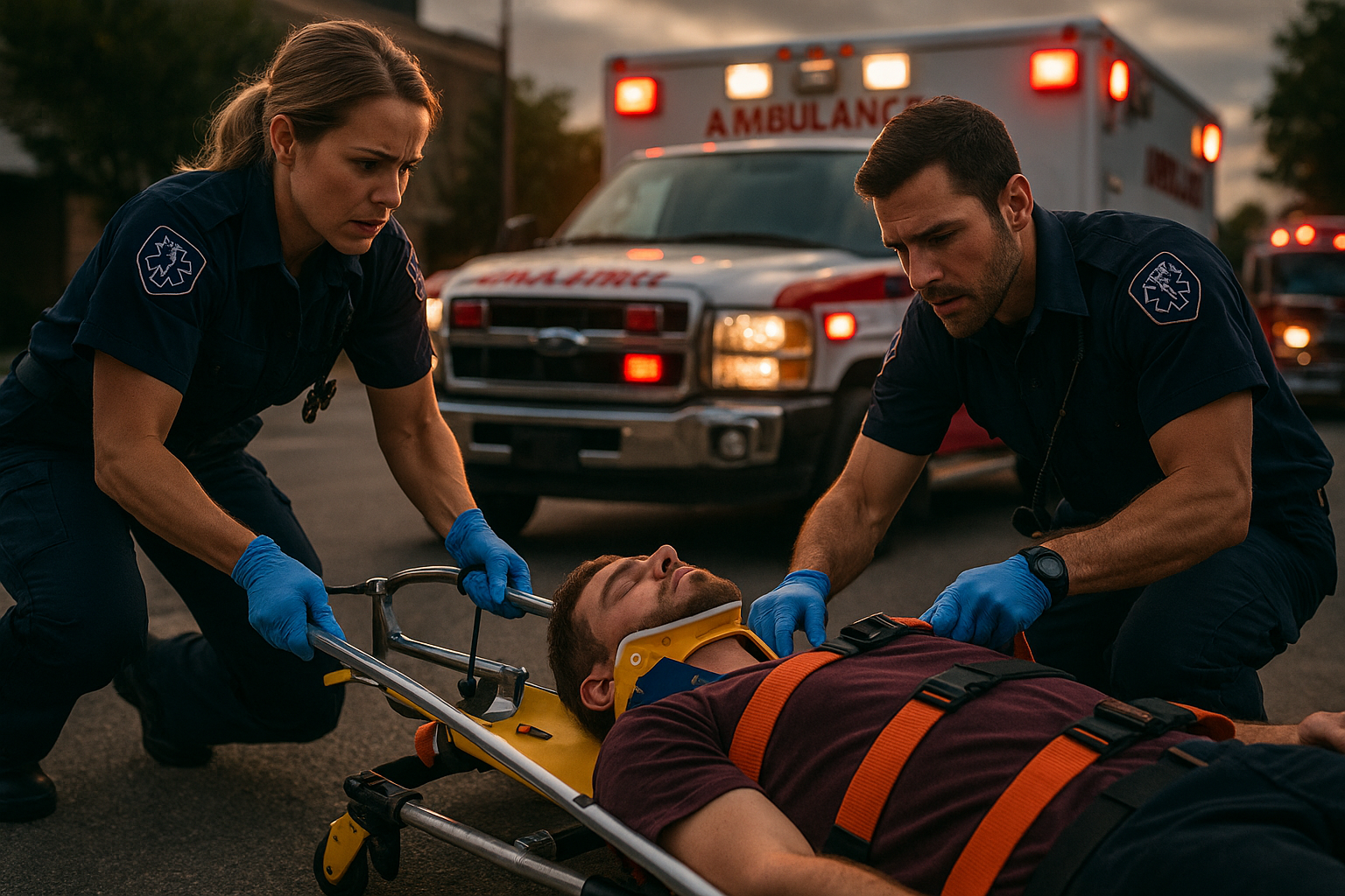 EMS professionals using a scoop stretcher in the field - scoop stretcher