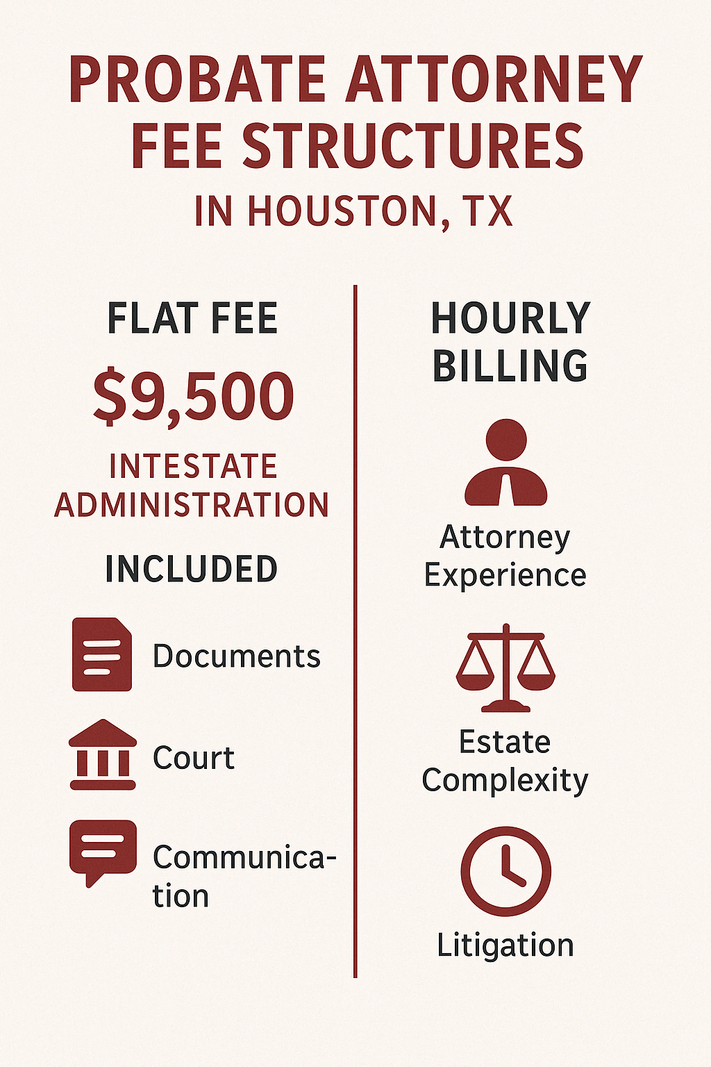 Comparison table of probate attorney fee structures - Probate attorney Houston TX infographic 