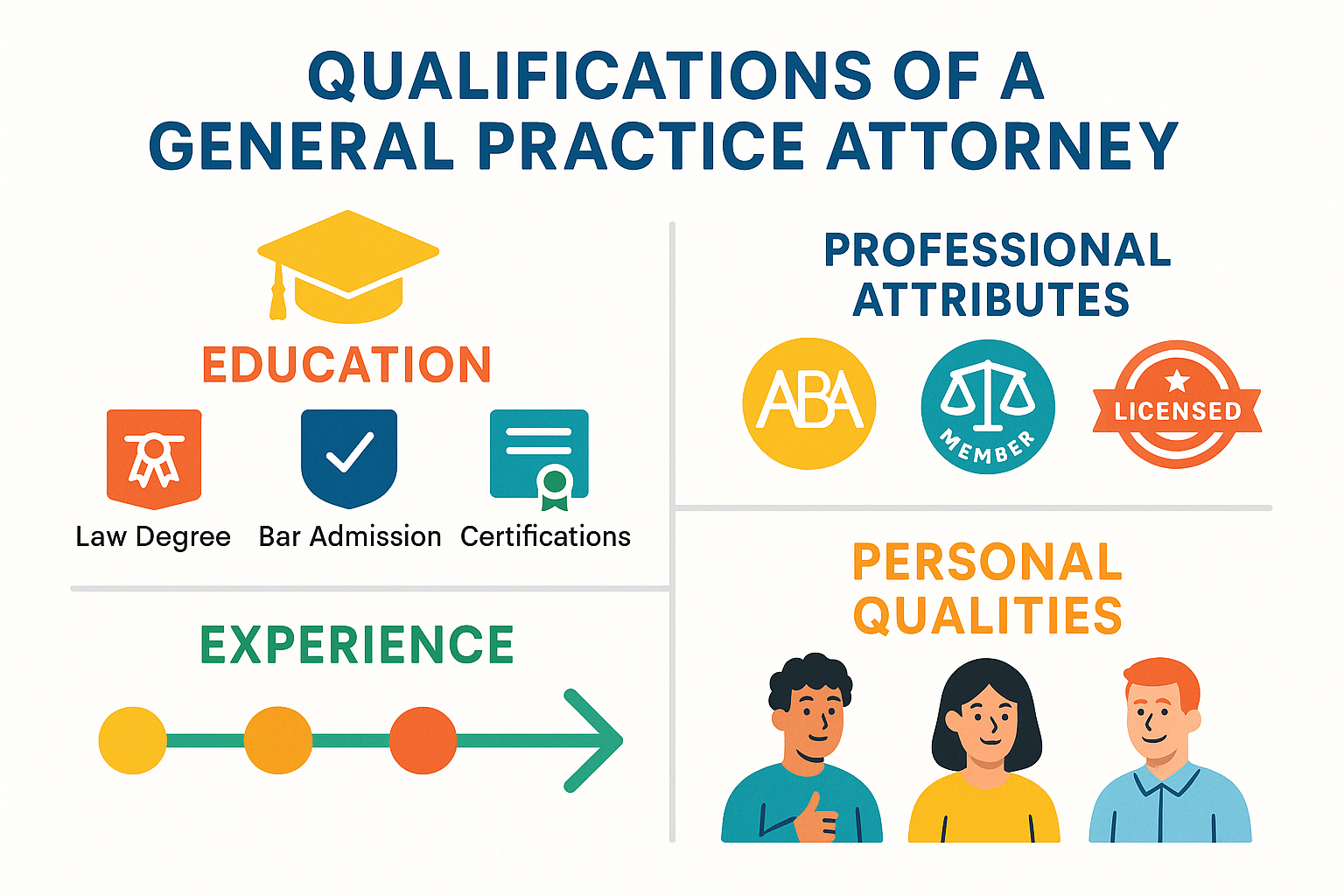 qualifications of a general practice attorney - general legal practice infographic