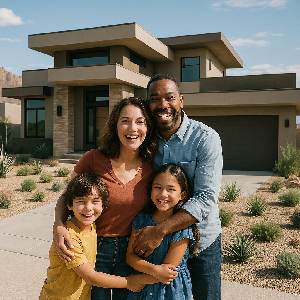 happy family in front of their new custom home - Las Vegas custom home builders