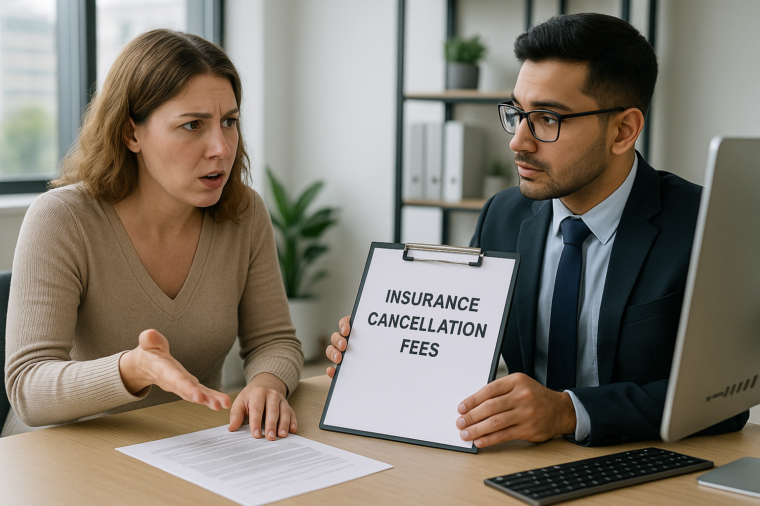 Woman discussing insurance cancellation fees with an agent - Temporary car insurance Florida