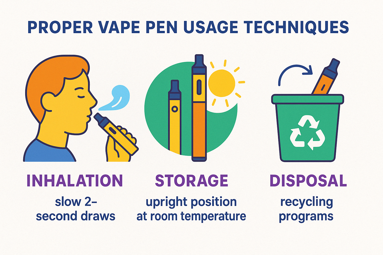 Proper vape pen usage techniques showing correct inhalation, storage, and disposal methods - Disposable cannabis vape pens infographic 