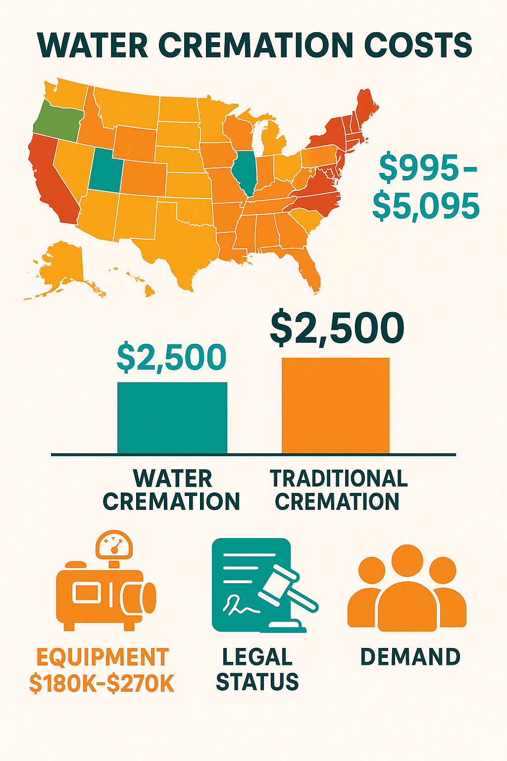 Detailed infographic showing water cremation cost breakdown by state, equipment investment costs, and factors that influence pricing including availability, legal status, and operational expenses - cost of water cremation infographic 