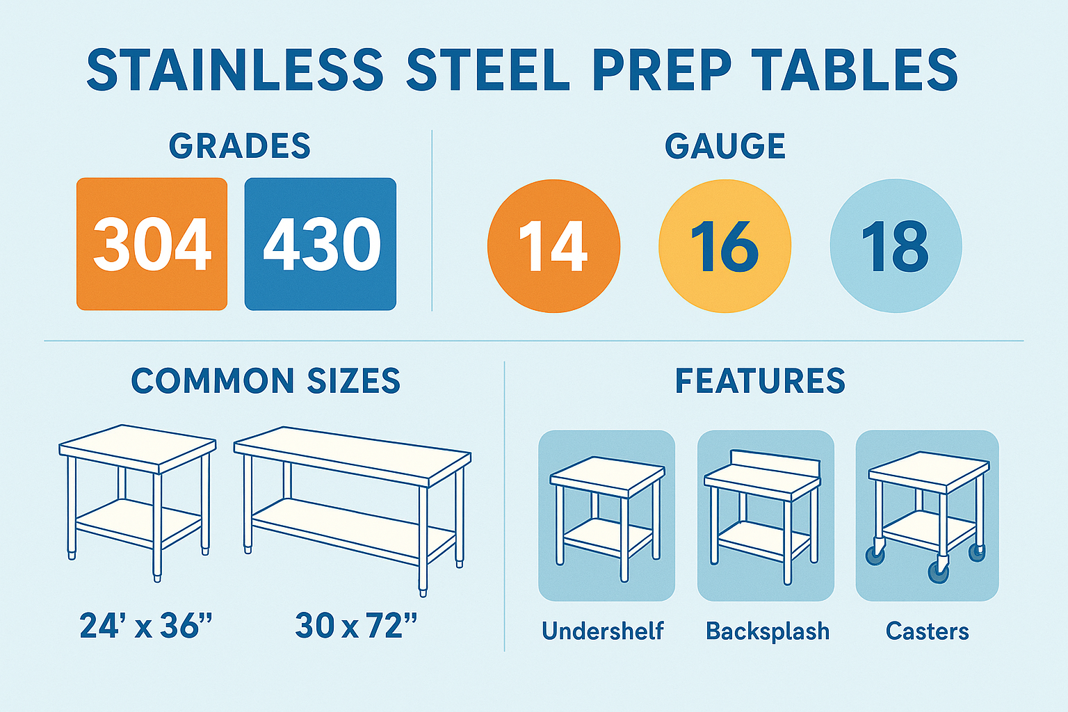 Infographic showing stainless steel prep table features including different grades (304 vs 430), gauge options (14, 16, and 18), common sizes, and additional features like undershelves, backsplashes, and casters - Stainless steel prep tables infographic 