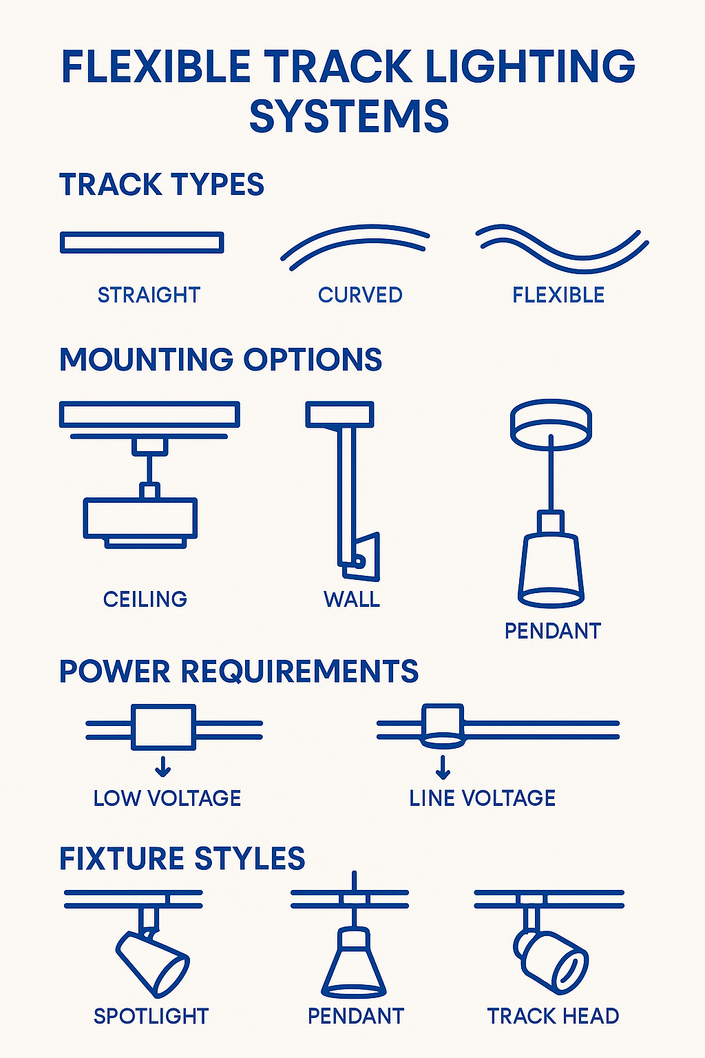 Illuminate with Ease: Exploring Flexible Track Lighting 7 Diagram showing components of flexible track lighting systems including track types, mounting options, power requirements, and fixture styles with detailed labels for each component - Flexible track lighting systems infographic