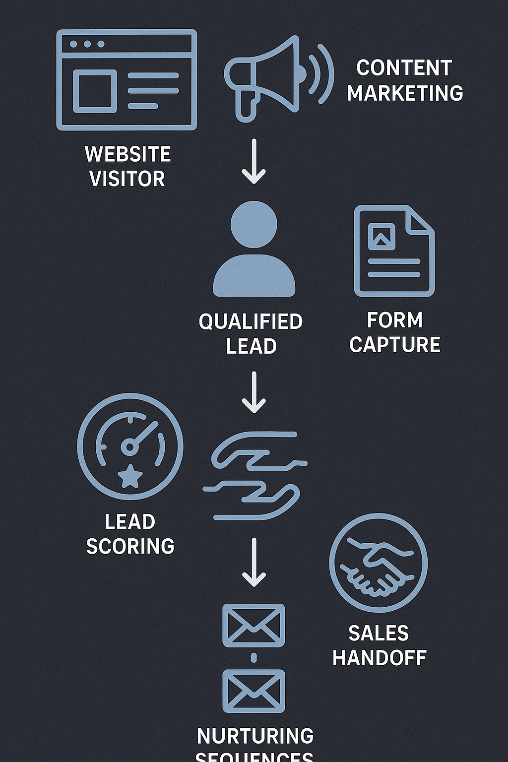 From Prospect to Partner: B2B Manufacturer Lead Generation • b2b manufacturer lead generation • RED27Creative B2B Manufacturer Lead Generation Process showing the journey from website visitor to qualified lead to customer, including the key touchpoints of content marketing, form capture, lead scoring, nurturing sequences, and sales handoff - b2b manufacturer lead generation infographic