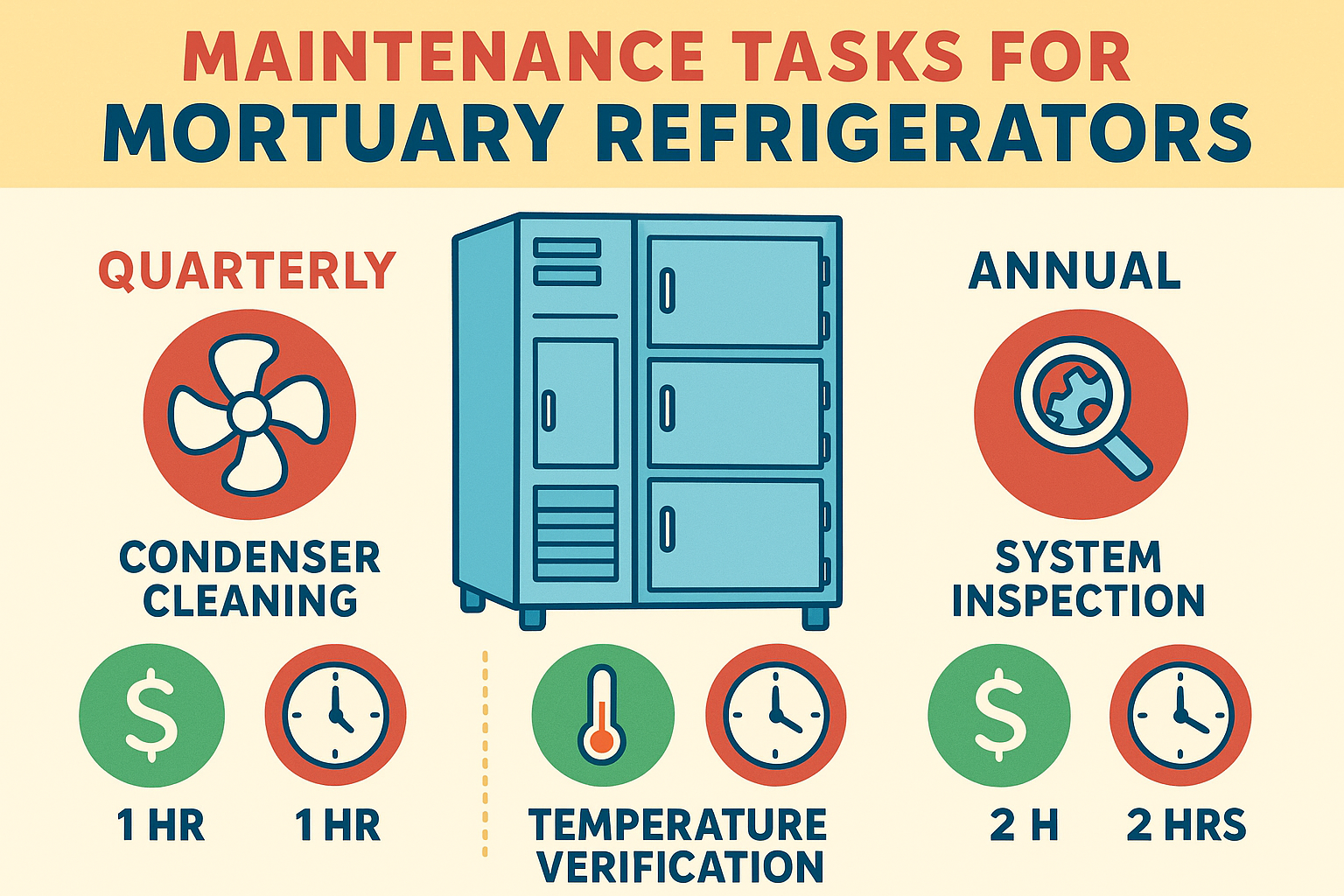 Maintenance chart showing quarterly and annual tasks for mortuary refrigerators, including condenser cleaning, temperature verification, and system inspection, with estimated costs and time requirements for each task - Mortuary refrigerators for sale infographic 