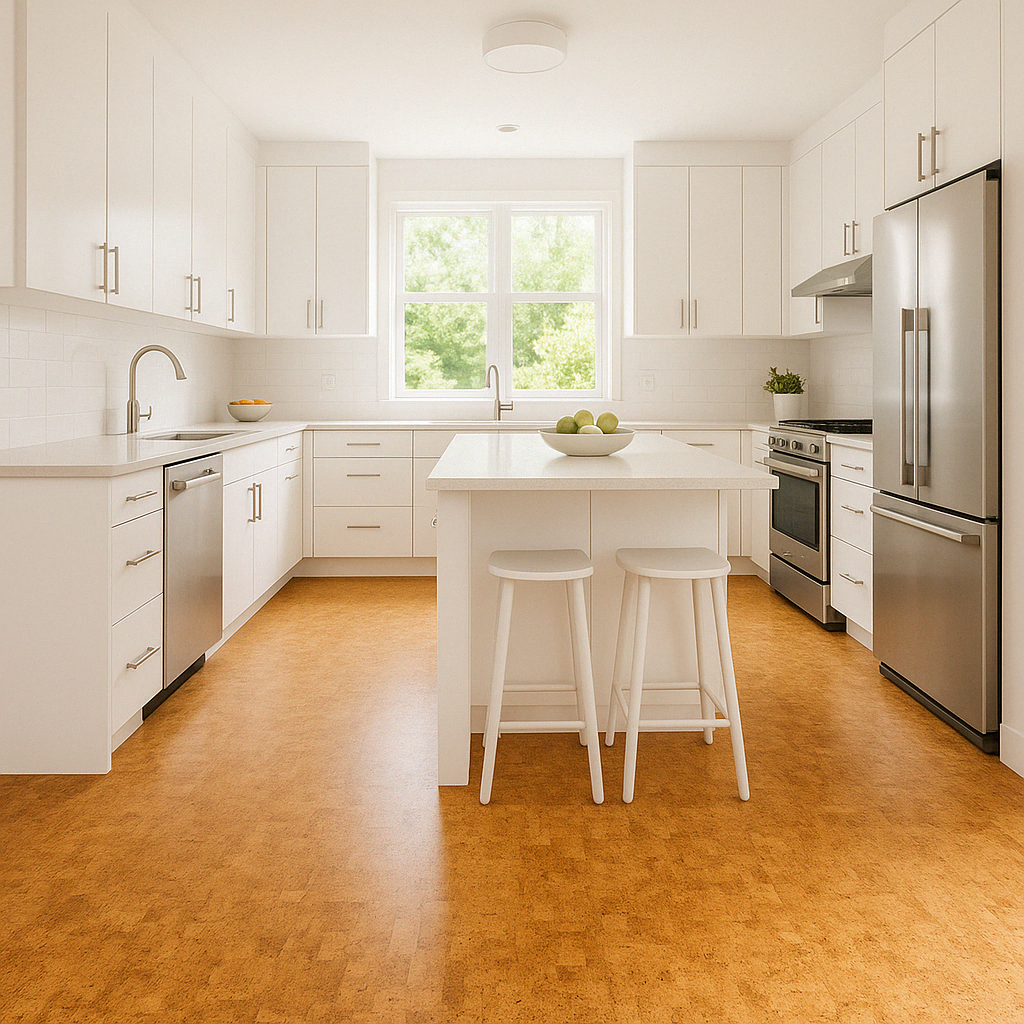 cork flooring in a bright modern kitchen - Anti-fatigue kitchen flooring