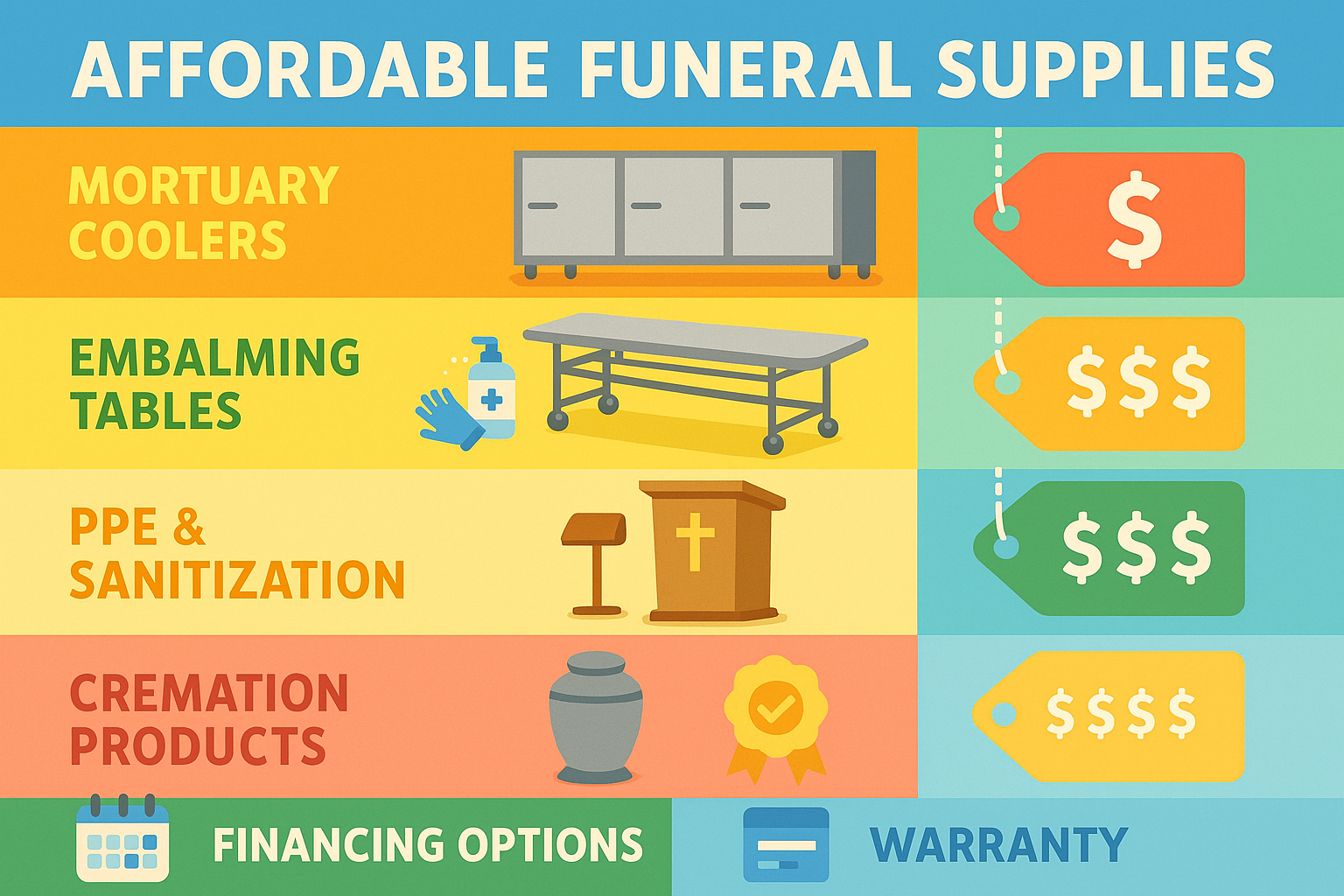 Breakdown of affordable funeral supplies showing comparative pricing across categories, financing options, and warranty information - Affordable Funeral Supplies  infographic 