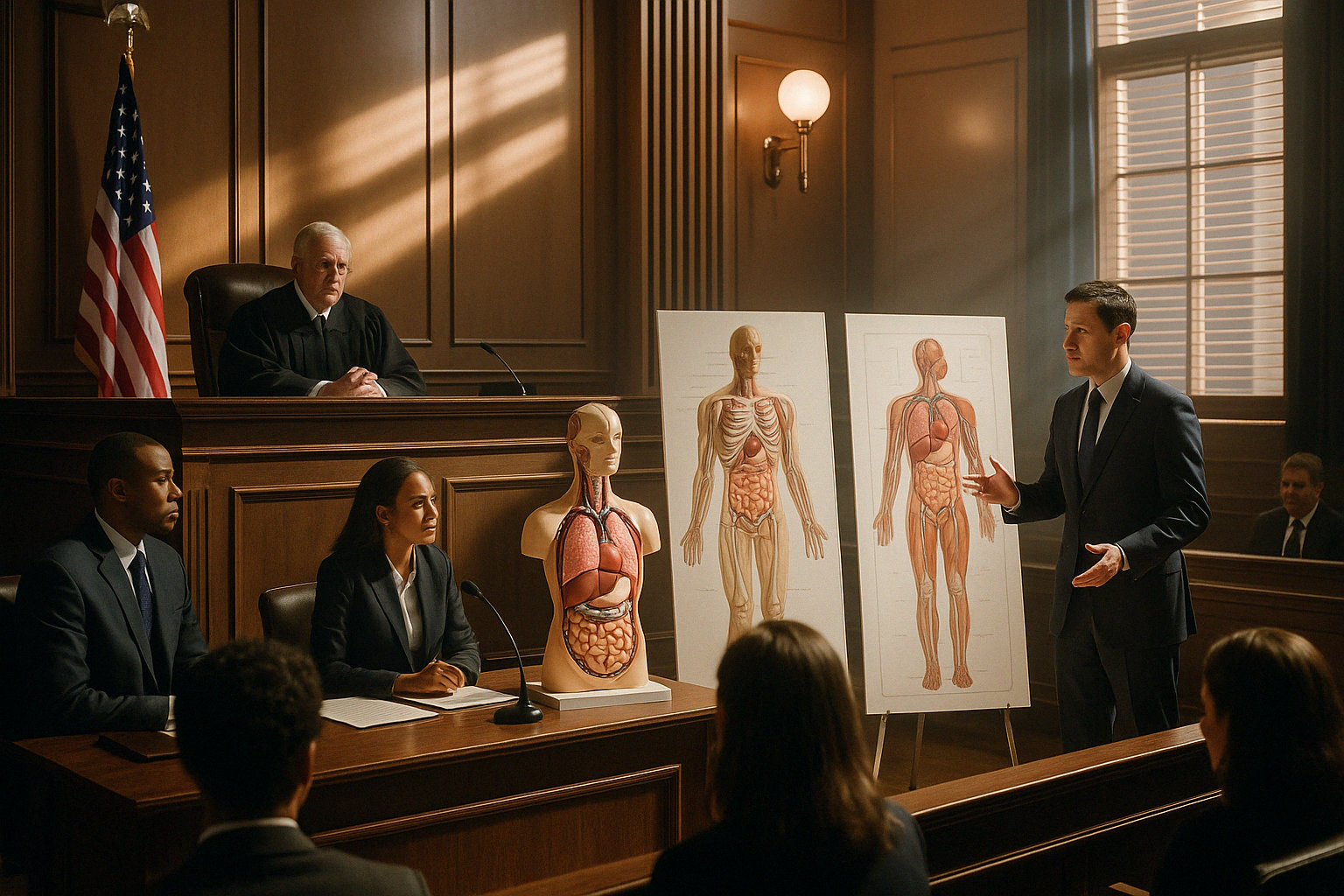 courtroom scene with medical evidence displayed - medical malpractice lawyer miami