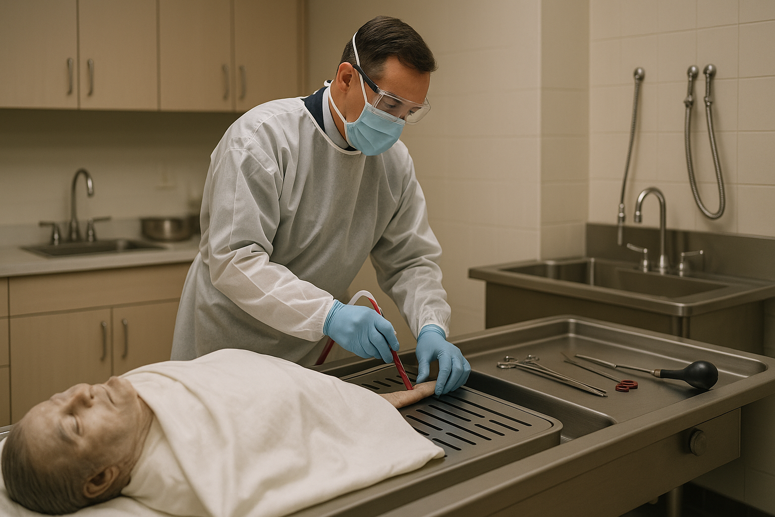Embalmer working at a modern embalming table with proper protective equipment - embalming table definition