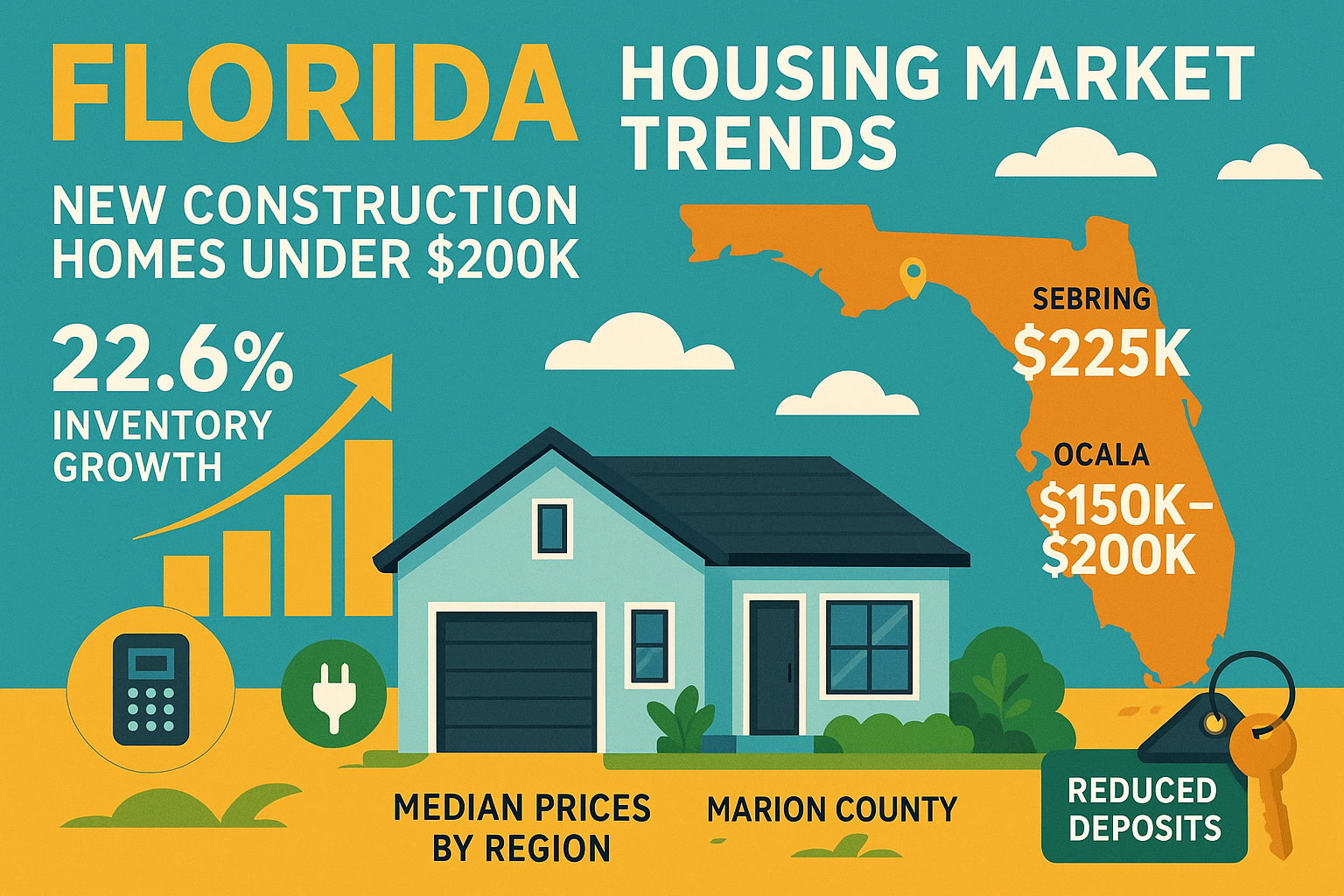 Detailed infographic showing Florida housing market trends with new construction homes under $200K, including inventory growth, median prices by region, and buyer incentives - new construction homes in florida under $200 k infographic 