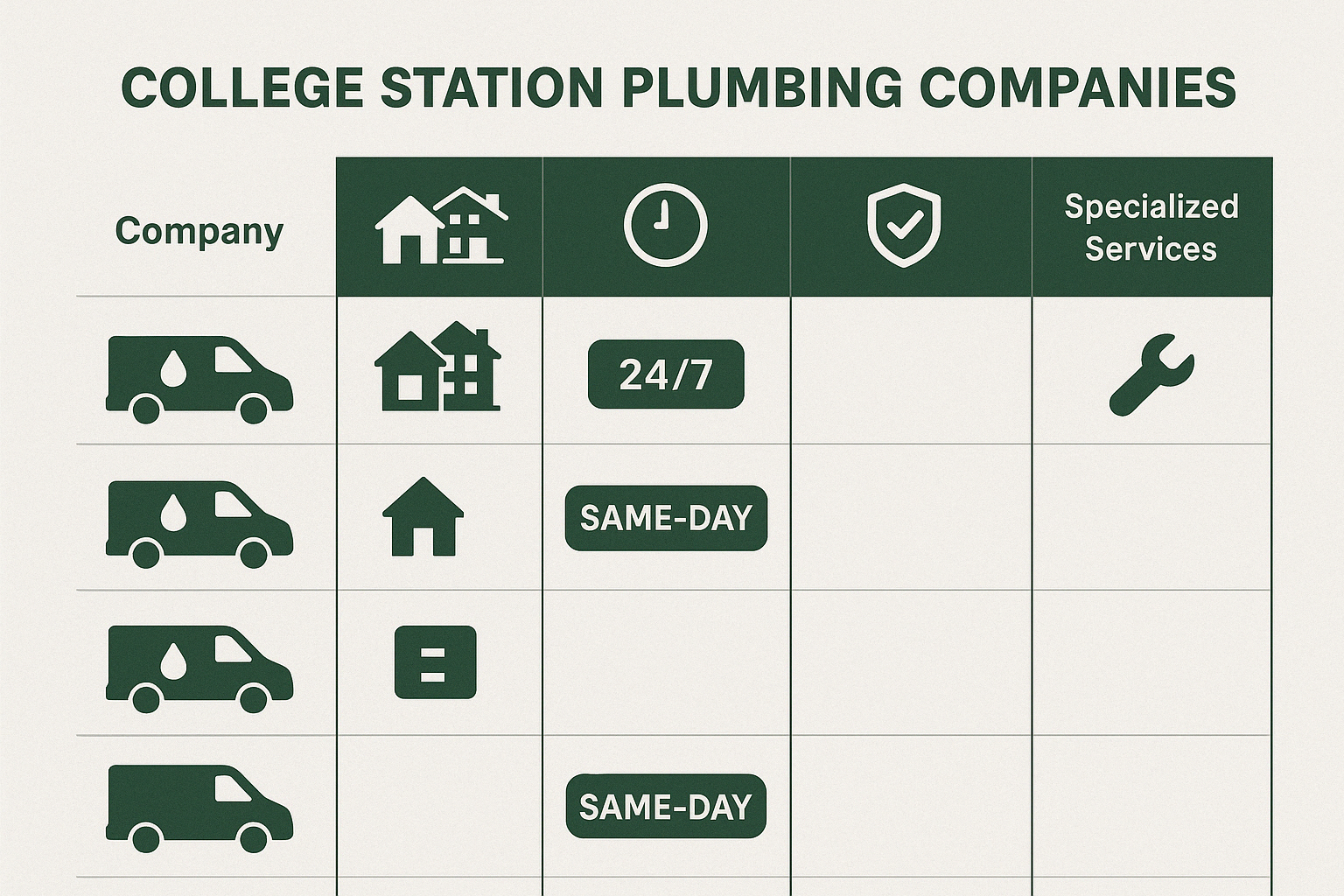 Comparison of College Station plumbing companies showing service types, response times, warranty information, and specialized services across residential and commercial sectors - college station plumbing company infographic 