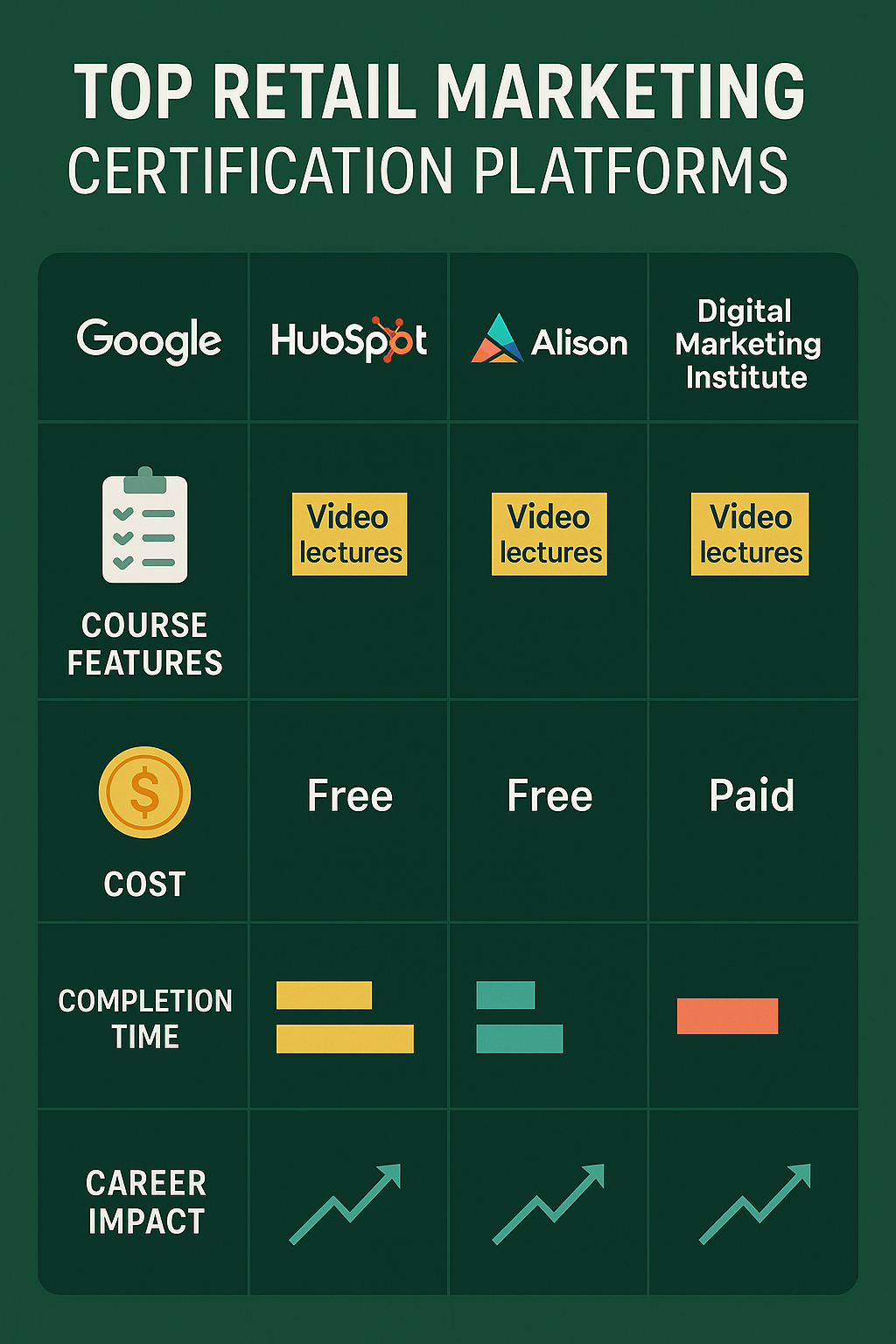Comparison of top retail marketing certification platforms showing course features, cost, completion time, and career impact with Google, HubSpot, Alison and Digital Marketing Institute options - certified for retail online marketing courses infographic 
