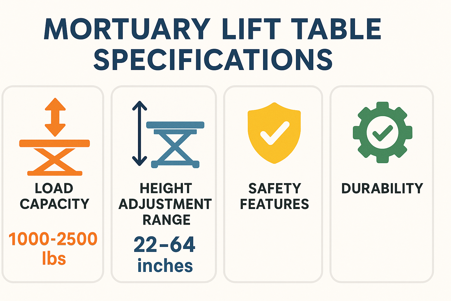 Key specifications for mortuary lift tables including load capacity, height adjustment range, safety features, and durability factors - mortuary lift table infographic 