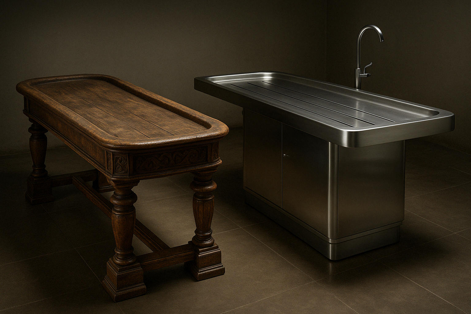 antique wooden embalming table next to modern stainless steel embalming table - embalming table definition
