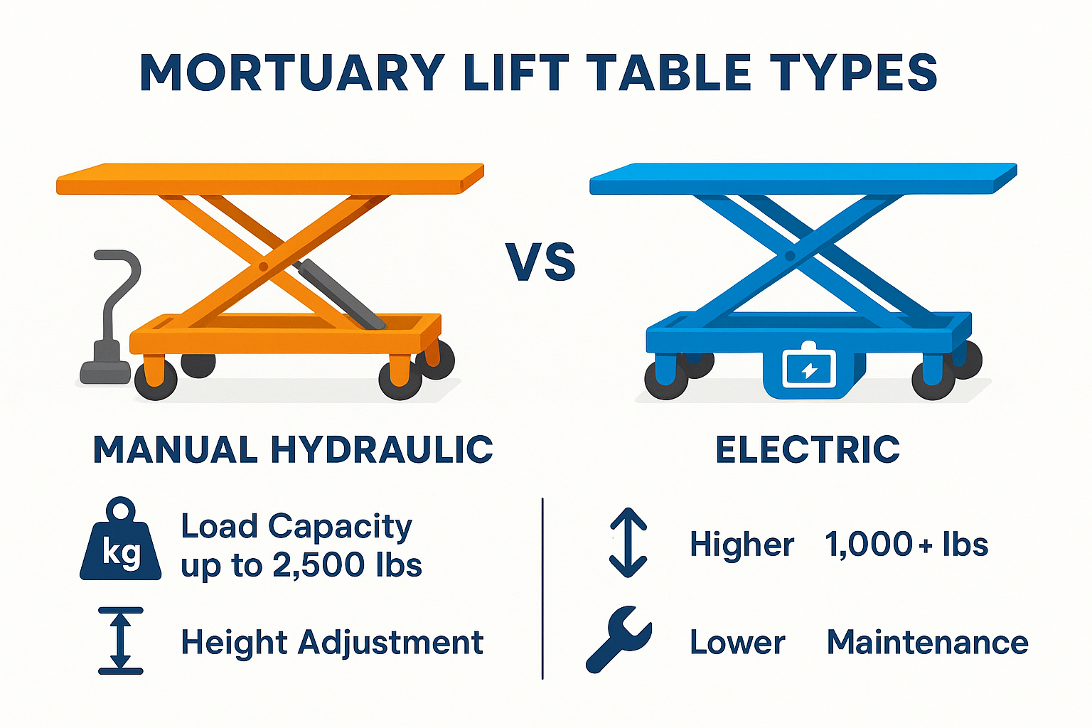 Comparison of mortuary lift table types showing manual hydraulic tables with foot pump operation versus electric tables with battery power, including load capacity ranges, height adjustment capabilities, and maintenance requirements - mortuary lift table infographic 