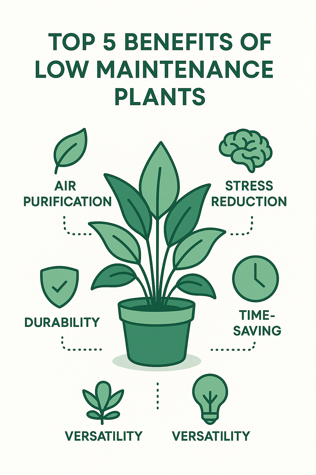 Top 5 Benefits of Low Maintenance Plants: 1. Air purification - many remove toxins from indoor air, 2. Stress reduction - caring for easy plants improves mood without adding pressure, 3. Time-saving - requires minimal watering and care, 4. Durability - can withstand various conditions and some neglect, 5. Versatility - available for all light conditions and spaces - low maintenance plants infographic 