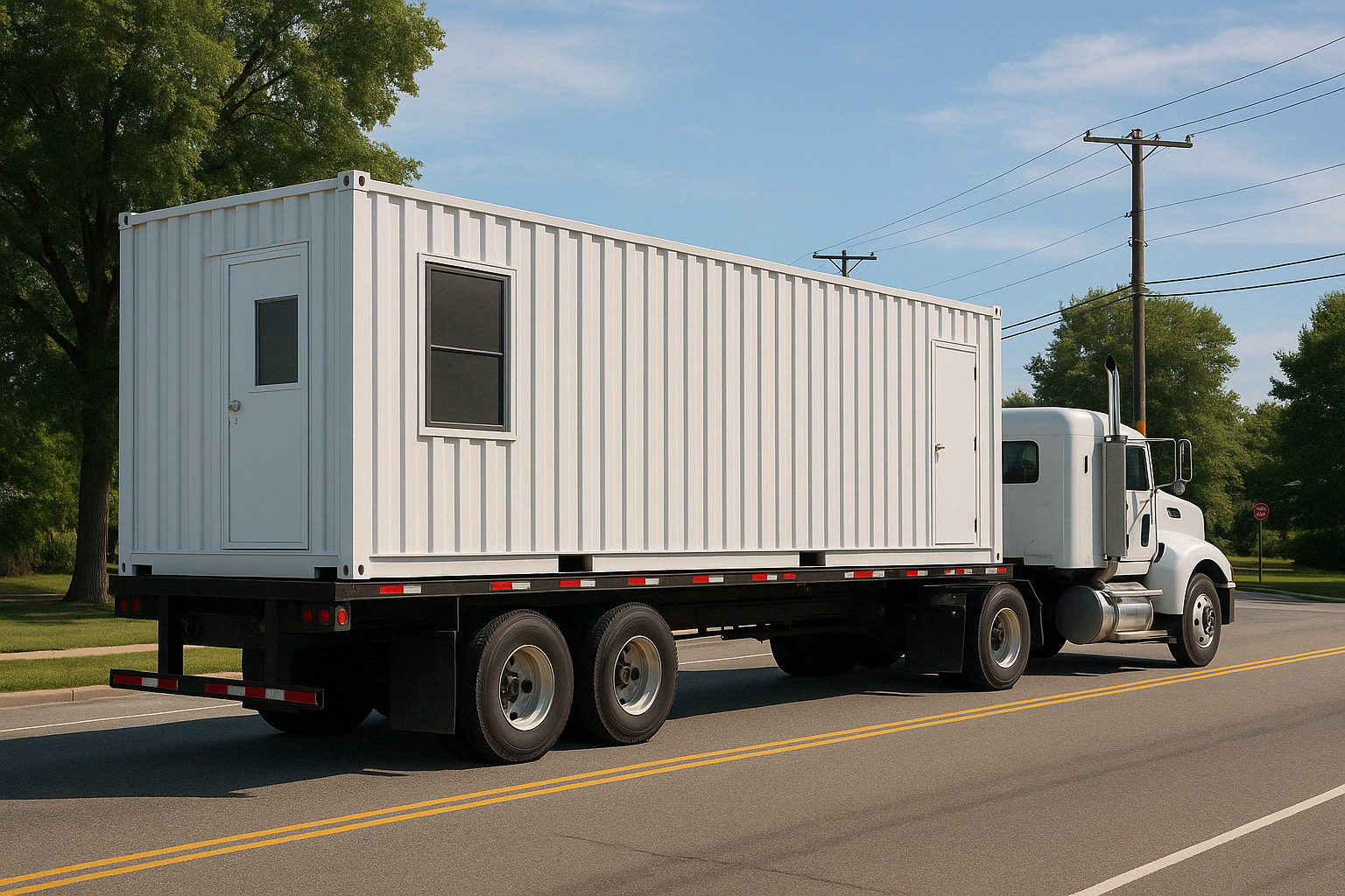 Container being delivered by truck - 40 ft office container