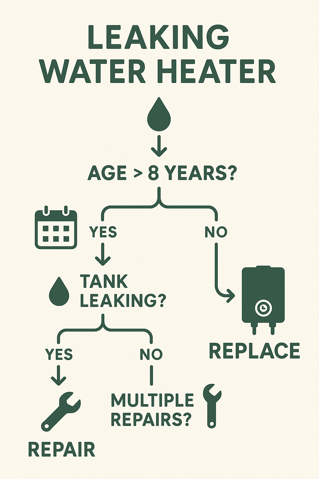 repair vs replacement decision flowchart - leaking water heater temecula infographic 