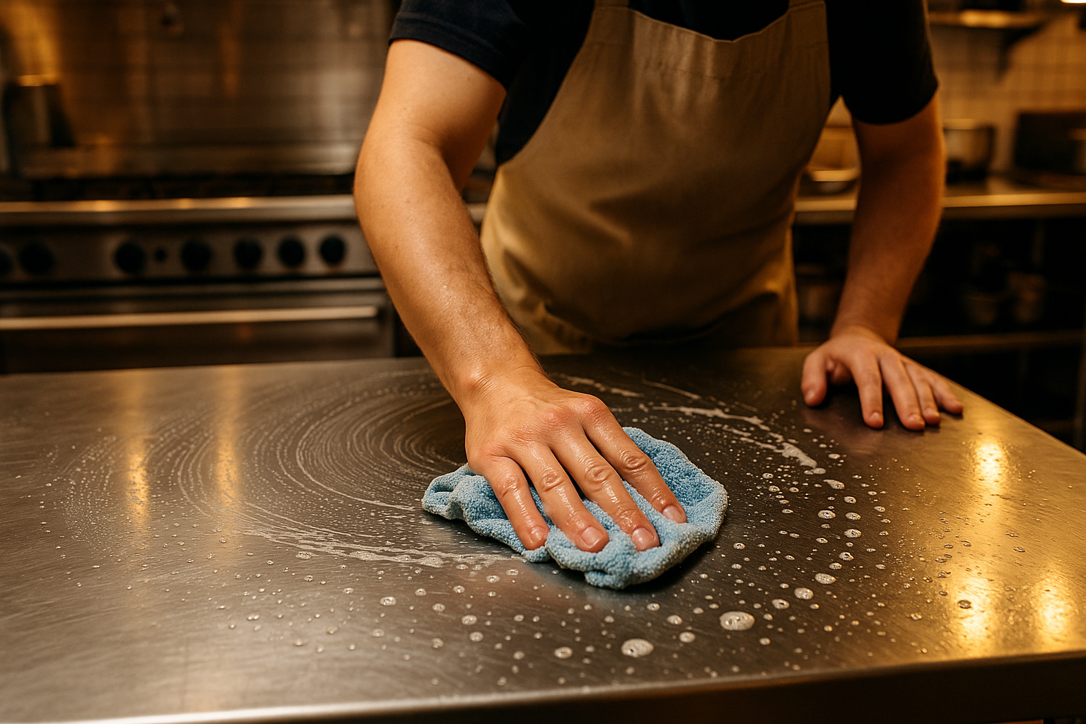 Stainless steel prep table being properly cleaned - Stainless steel prep tables