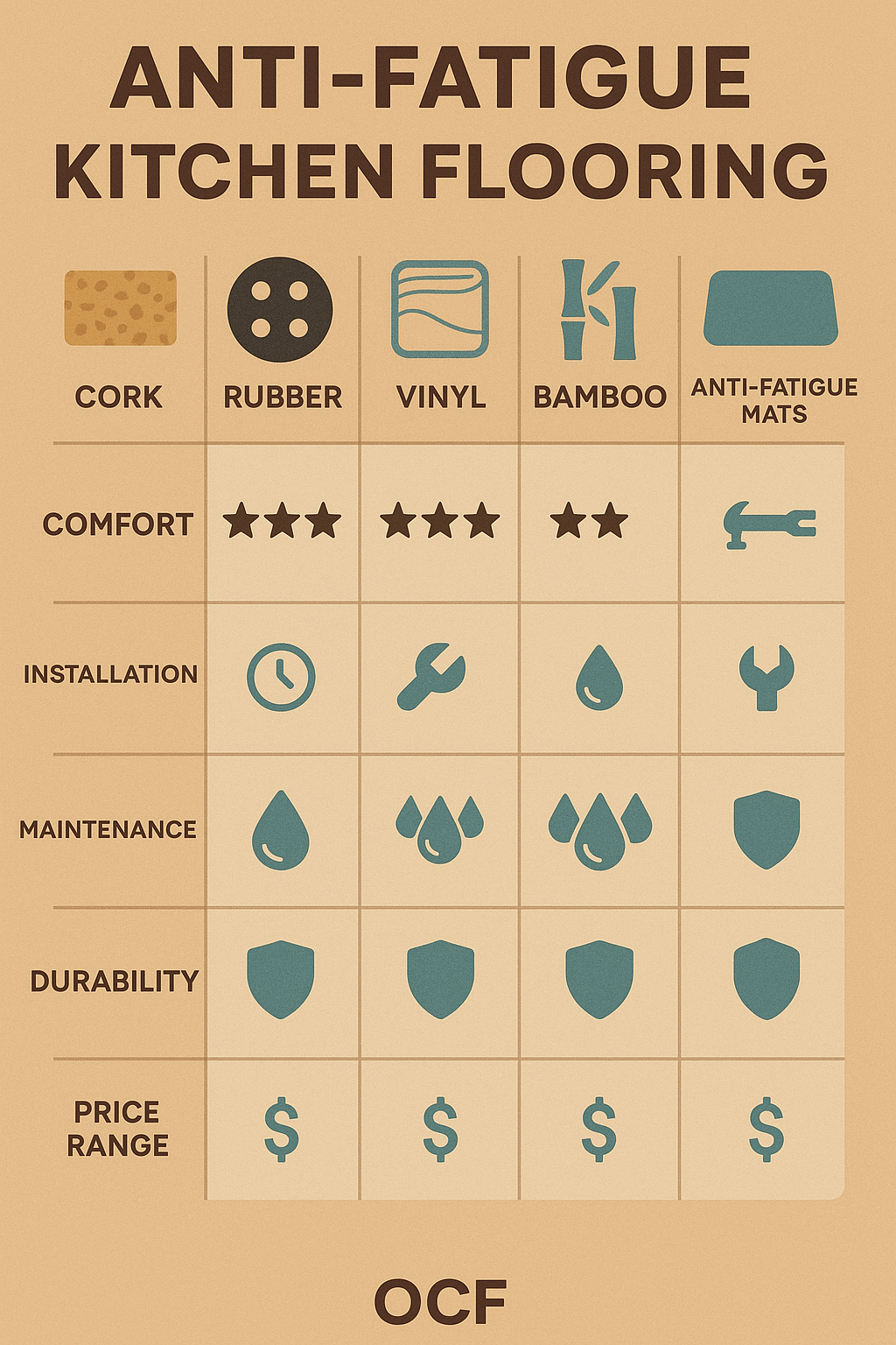Detailed comparison of anti-fatigue kitchen flooring options showing cork, rubber, vinyl, bamboo and anti-fatigue mats with their respective comfort ratings, installation difficulty, maintenance requirements, durability, and price ranges - Anti-fatigue kitchen flooring infographic 