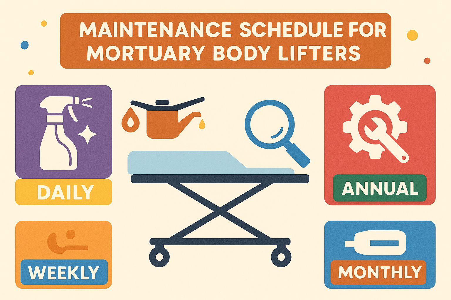 Maintenance schedule diagram showing daily, weekly, monthly and annual maintenance tasks for mortuary body lifters - body lifter mortuary infographic 