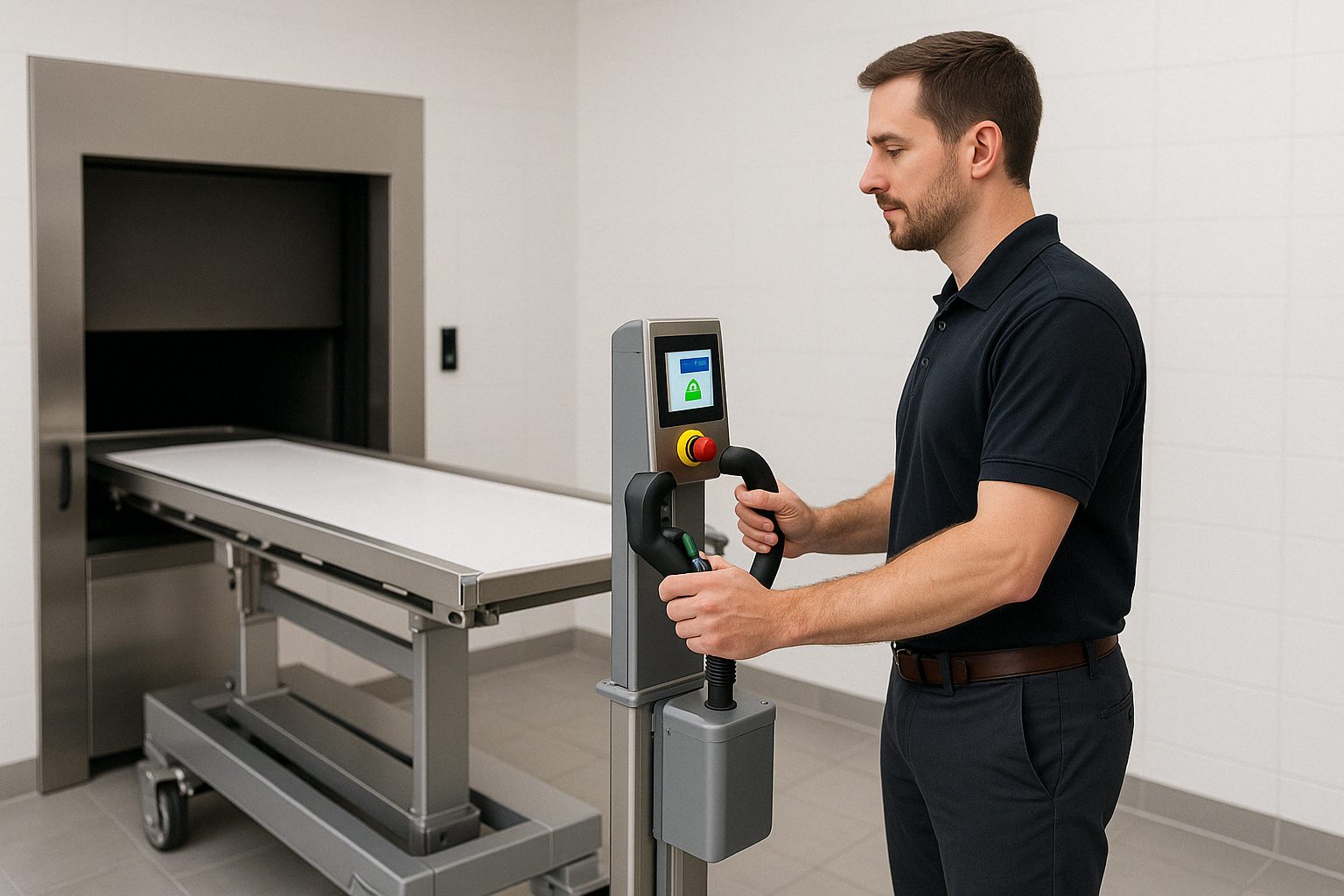 Operator using electric cremation lift with ergonomic controls - cremation lift