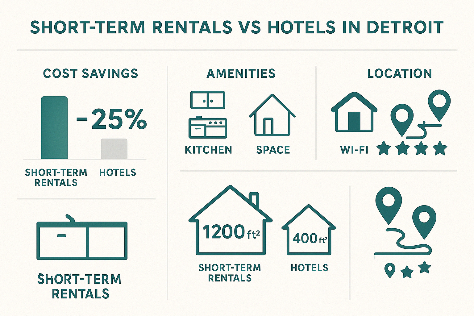 Comparison of short-term rentals vs hotels showing cost savings, amenities, space benefits, and location advantages in Detroit - short term rentals detroit michigan infographic 