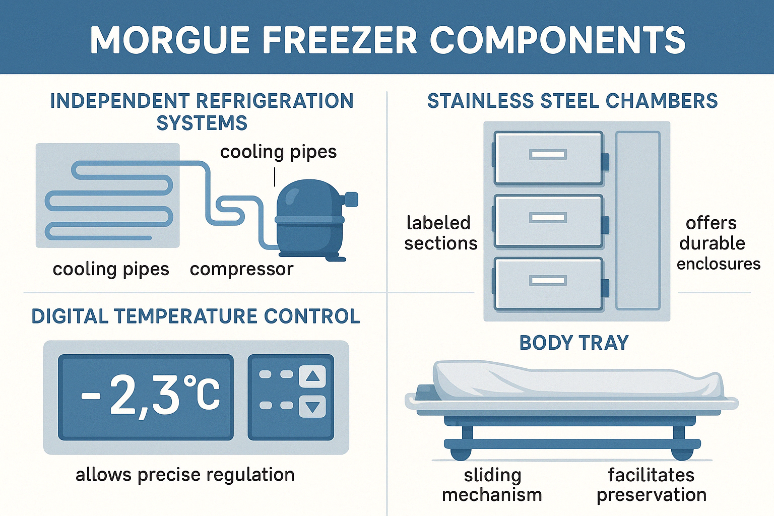 Detailed diagram showing morgue freezer components including independent refrigeration systems, stainless steel chambers, temperature control panels, and body trays with explanations of how each component contributes to effective body preservation - morgue freezer for sale infographic 