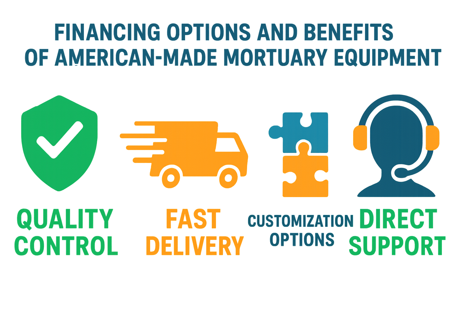 Infographic showing financing options and benefits of American-made mortuary equipment including: Quality Control, Faster Delivery, Customization Options, and Direct Support - American Mortuary Coolers infographic 