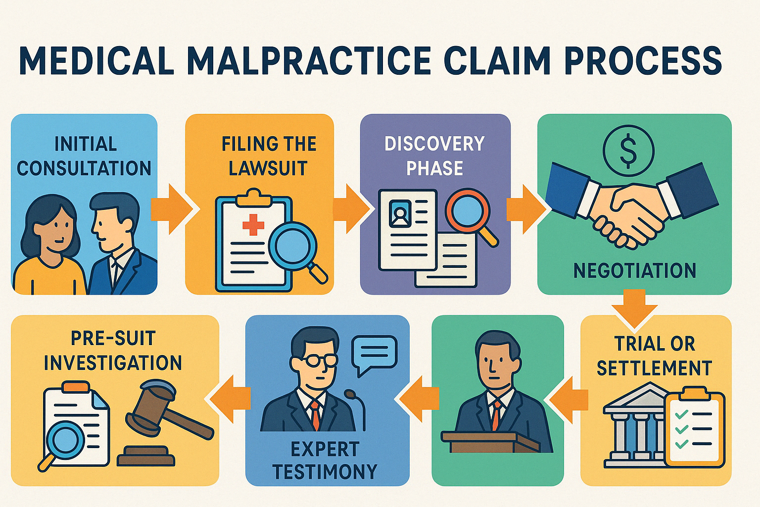 Medical malpractice claim process showing the steps of initial consultation, pre-suit investigation, filing the lawsuit, findy phase, expert testimony, negotiation, and trial or settlement - medical malpractice lawyer miami infographic 
