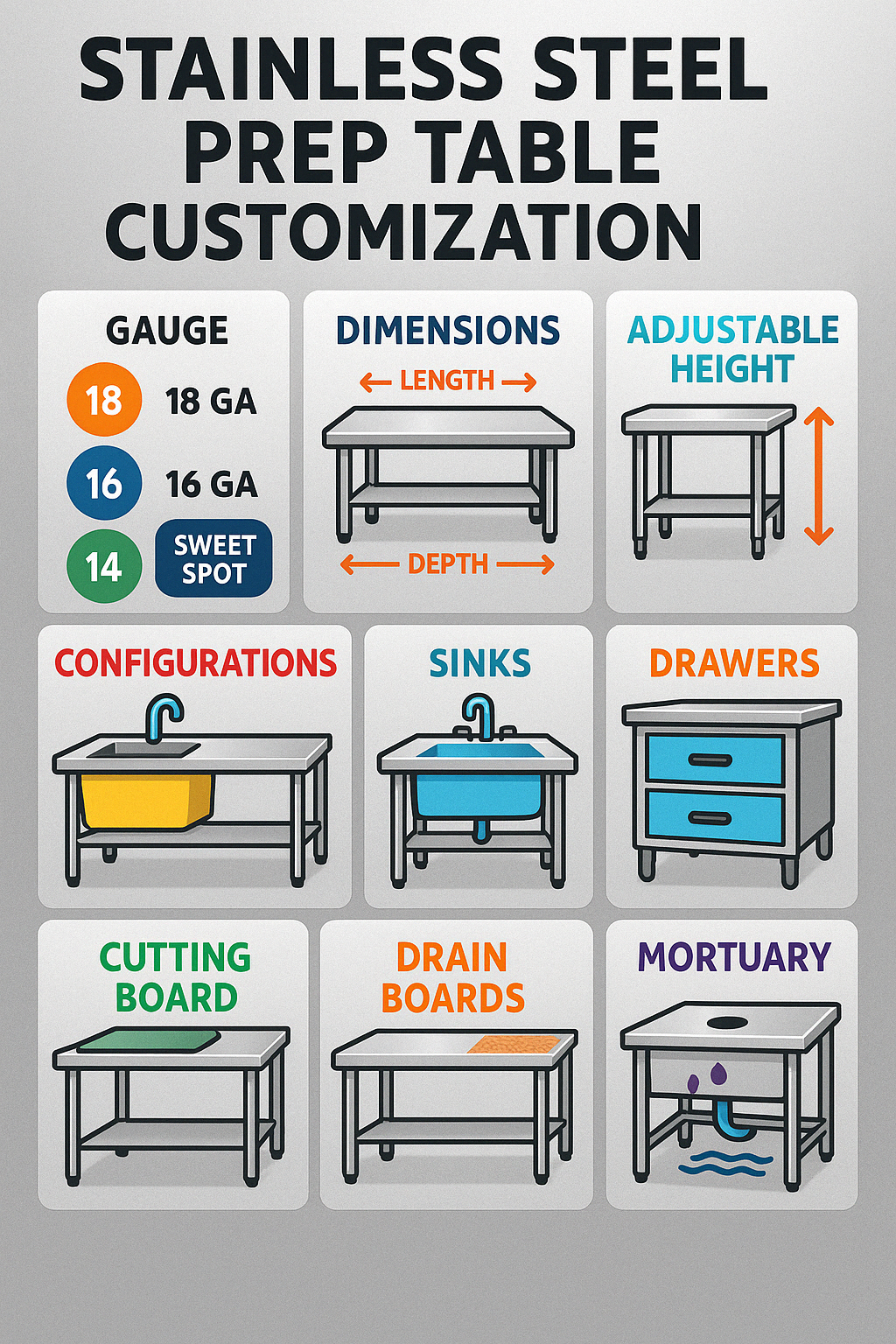 Infographic showing customization options for stainless steel prep tables including dimensions, features, and industry-specific modifications - Stainless steel prep tables infographic 