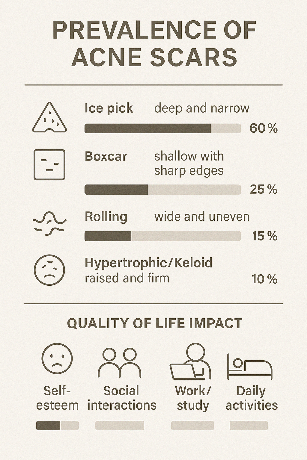 Infographic showing the prevalence of different types of acne scars and their impact on patients' quality of life - best acne peel treatment infographic 