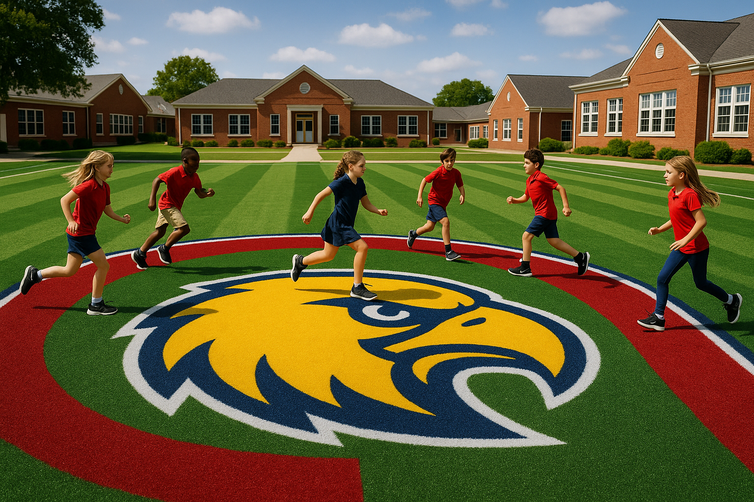 Customized synthetic turf installation featuring school logo and colors - Synthetic grass for schools