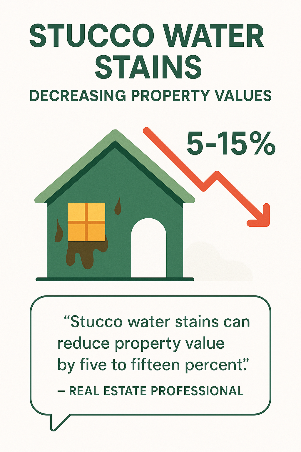 Quote from a real estate professional about how stucco water stains can decrease property values by 5-15% depending on severity - stucco water stains infographic 