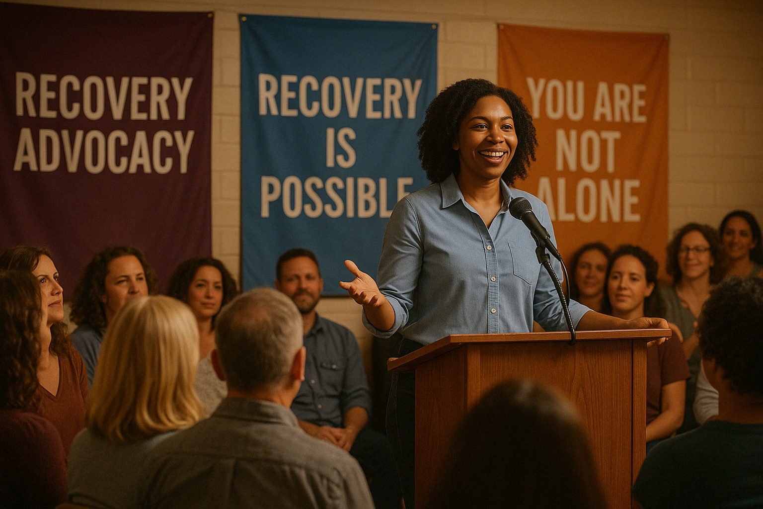 Person speaking at a recovery advocacy event - celebrities with alcohol addictions Person speaking at a recovery advocacy event - celebrities with alcohol addictions