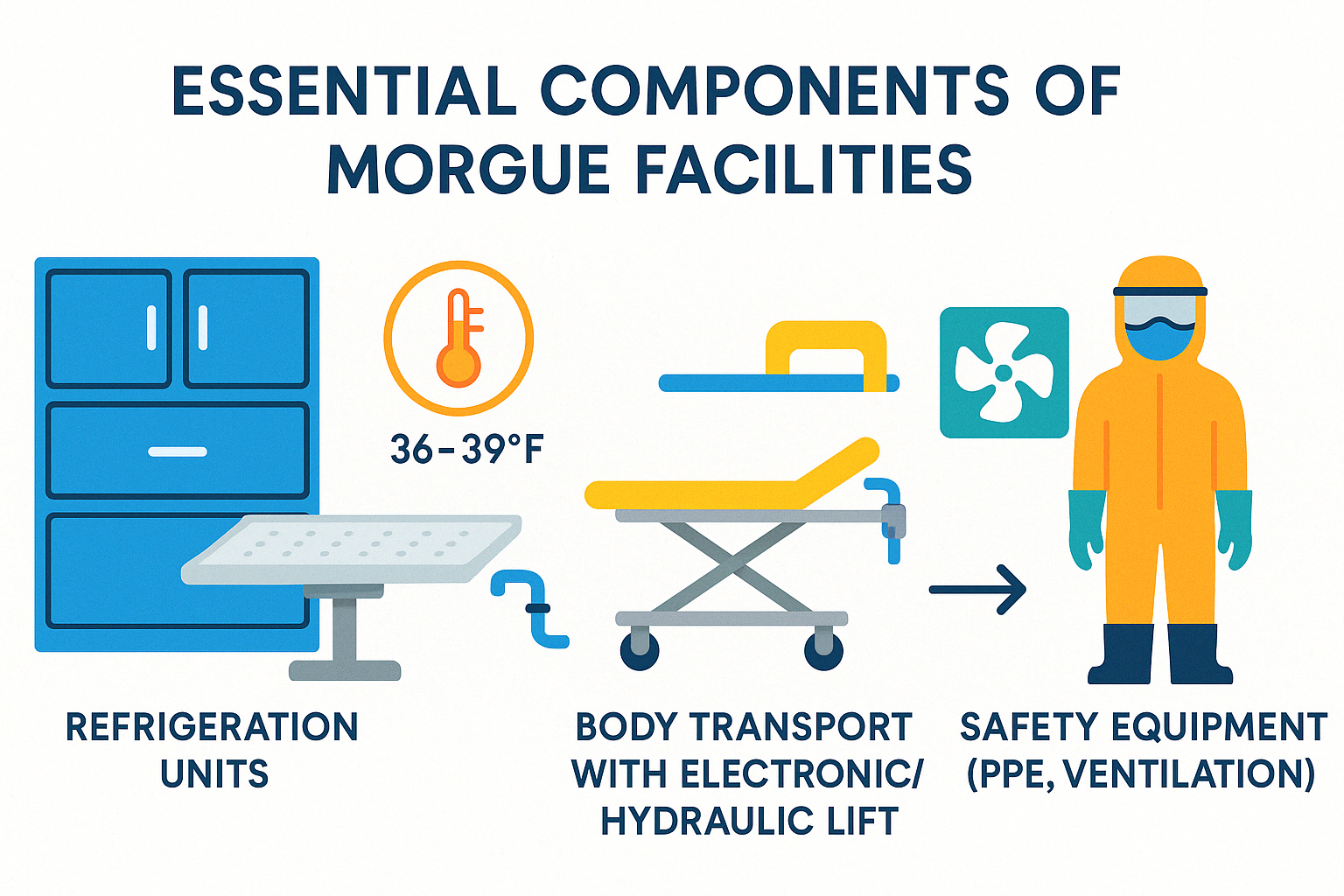 Diagram showing the essential components of morgue facilities including refrigeration units, autopsy stations, body transport systems, and safety equipment with their relationships in the morgue workflow - morgue equipment infographic 