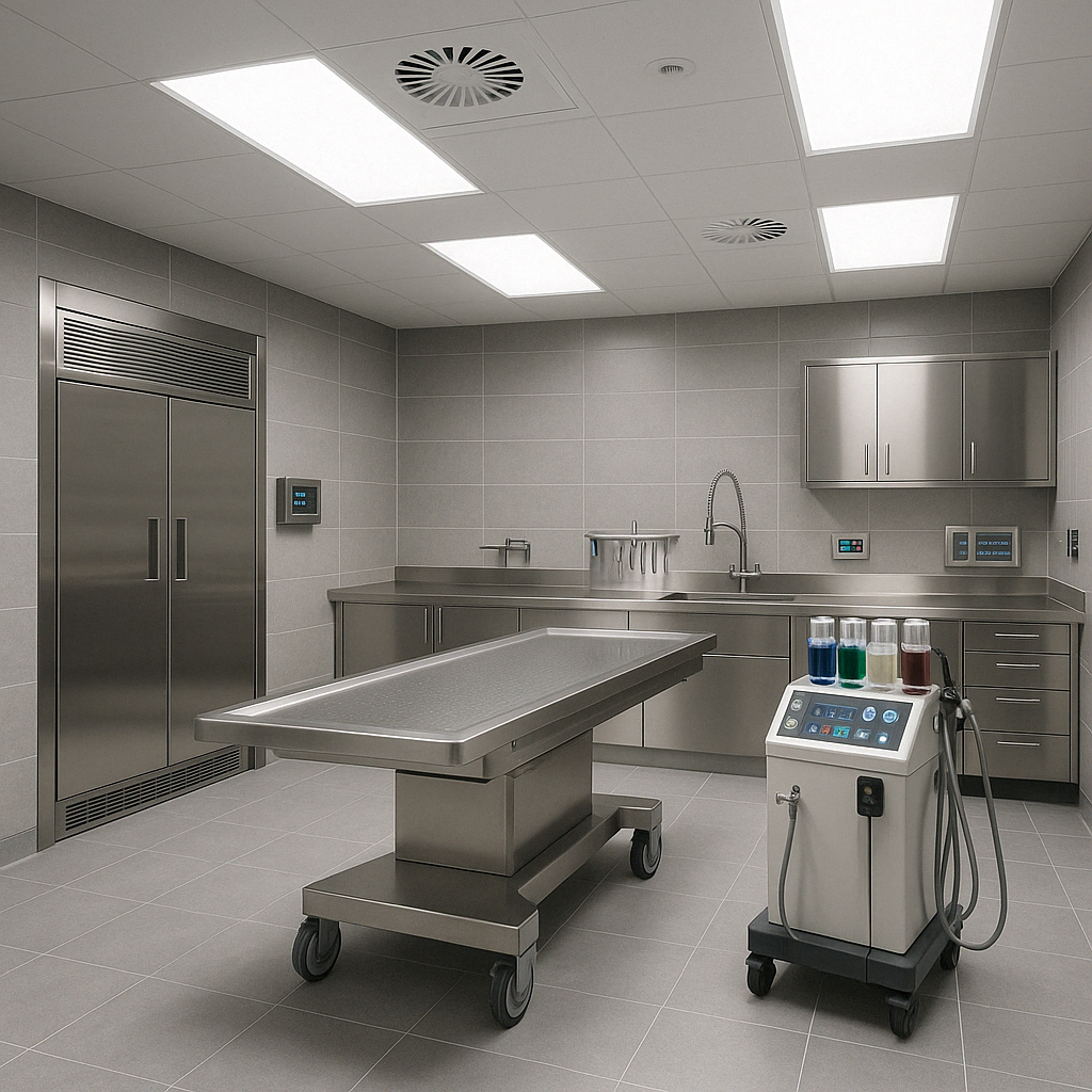 Modern mortuary preparation room with integrated cooling and embalming equipment - embalming equipment for sale