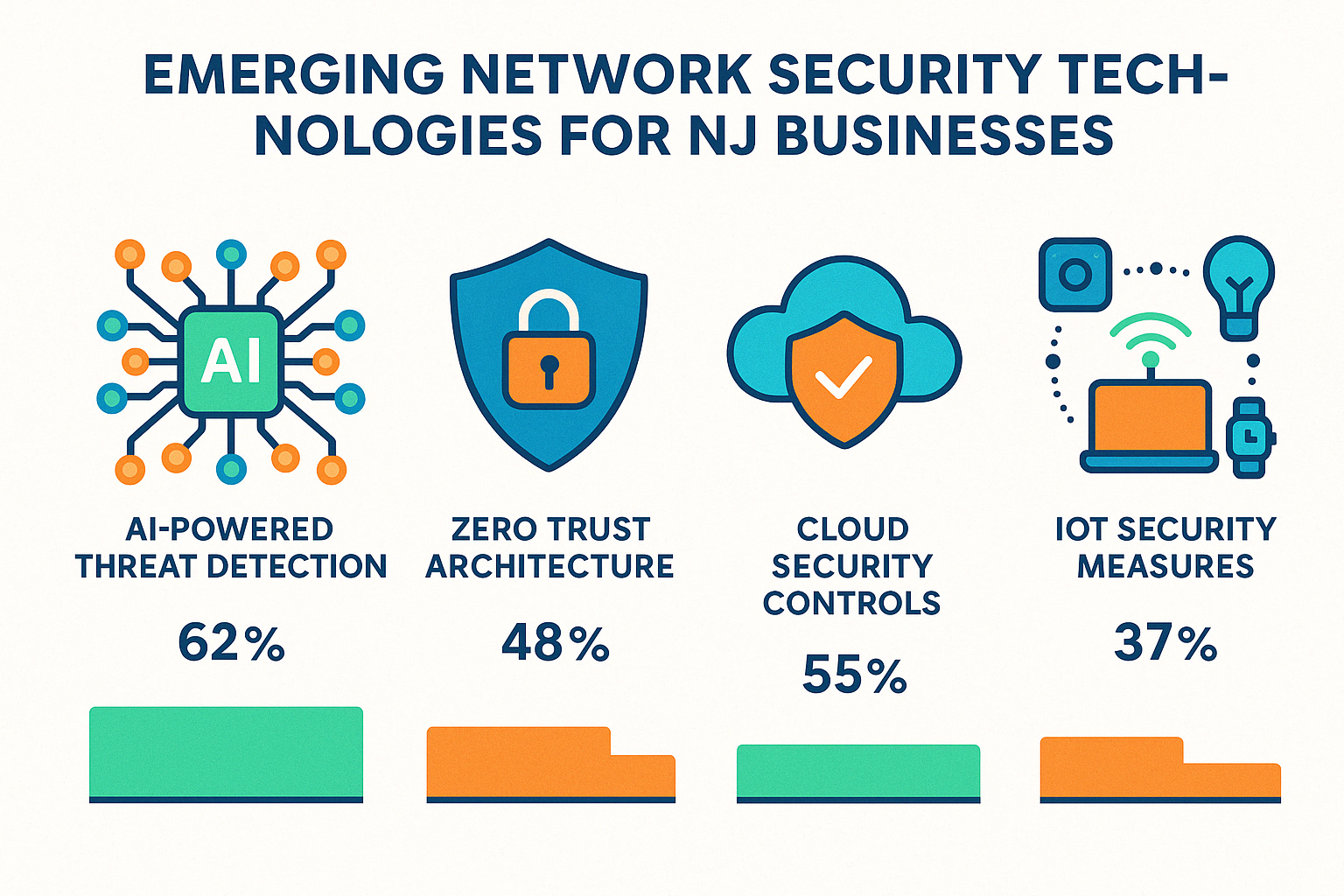 Infographic showing emerging network security technologies including AI-powered threat detection, zero trust architecture, cloud security controls, and IoT security measures with their adoption rates among NJ businesses - network security nj infographic 