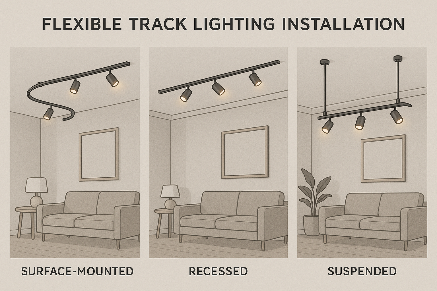 Illuminate with Ease: Exploring Flexible Track Lighting 12 Various installation methods for flexible track lighting showing surface-mounted, recessed, and suspended options - Flexible track lighting systems