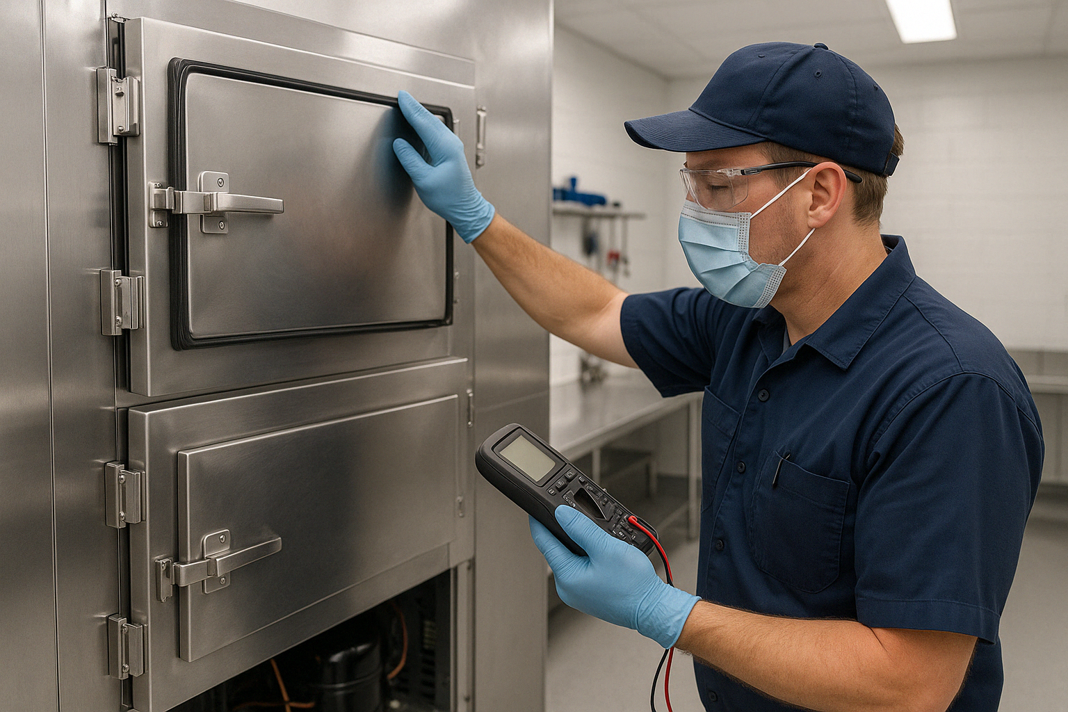 Mortuary freezer maintenance being performed by a technician - mortuary freezer near me